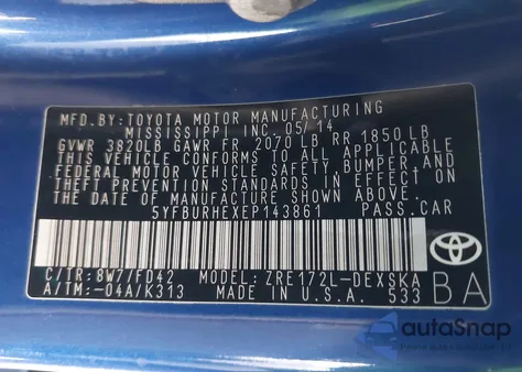 2014 Toyota Corolla S Plus z USA, uszkodzony, nr VIN 5YFBURHEXEP143861